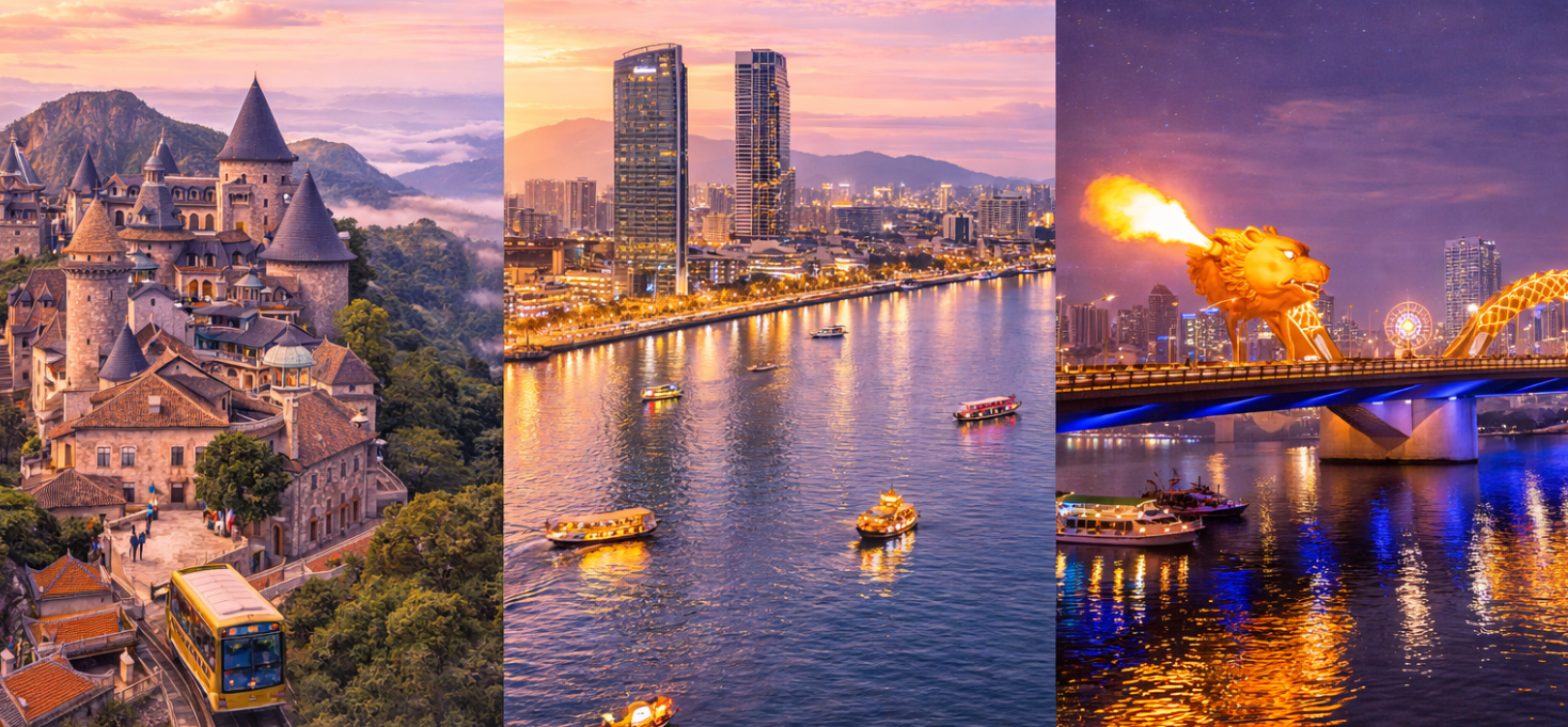 峴港－Ba Na Hills法國山城 (全球最長不停站纜車、Fantasy Park奇幻樂園、百年酒窖、小火車遊靜心園+靈應寺、巨石黃金橋)－韓江畔－峴港地標~龍橋