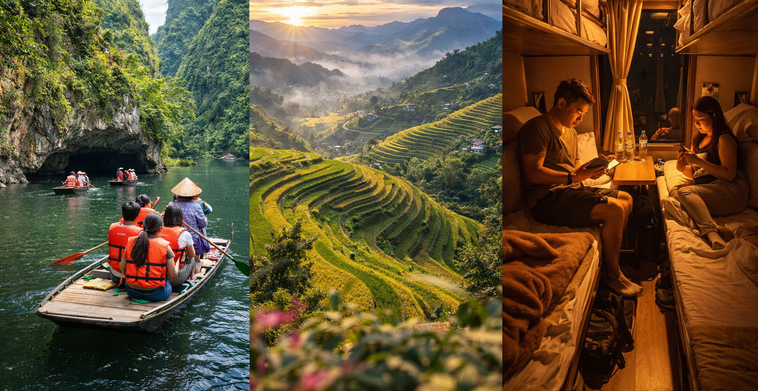 下龍－寧平長安生態區－河內 陸龍灣寧平－小舟遊覽長安生態保護區－小舟泛遊探秘－返回河 內： 河内火车站