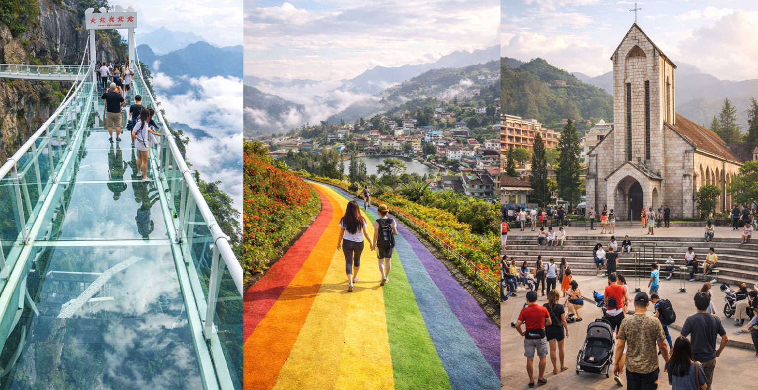 老街火車站（早上 6點）－入住 SAPALY 4★ 飯店（休息＋享用早餐）沙壩一站步雲橋、雲龍玻璃橋或雲龍玻璃懸道或夢幻彩虹坡－自由進逛 洋人街／沙壩廣場、石教堂、沙壩湖