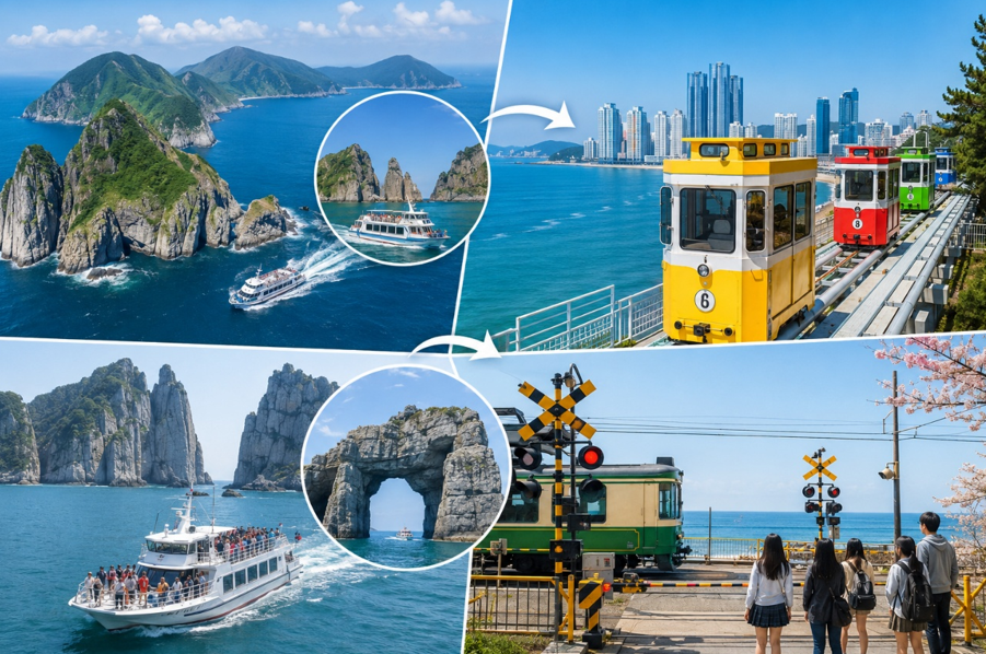 巨濟島+遊覽船+海金剛+外島→海雲台膠囊列車→韓版灌籃高手平交道